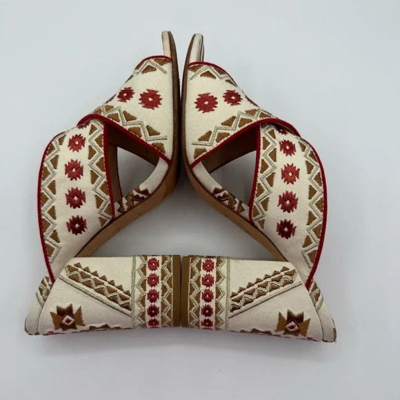 ASH Red Aztec Embroidered Padded Adel Round Toe Block Heel Slip On Heeled Sandal - Picture 4 of 16